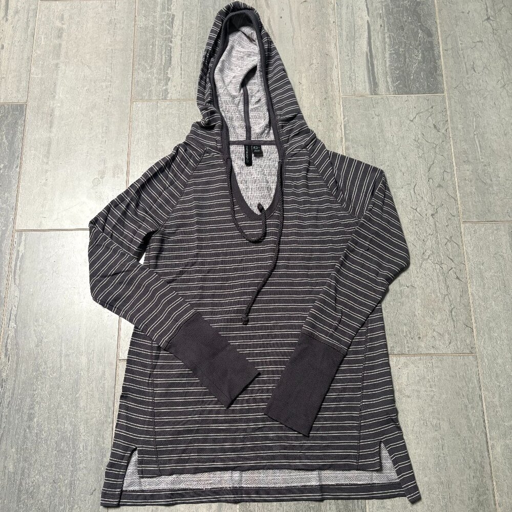 Cynthia Rowley Striped V-Neck Long Sleeve Hoodie Top Gray White Size XS